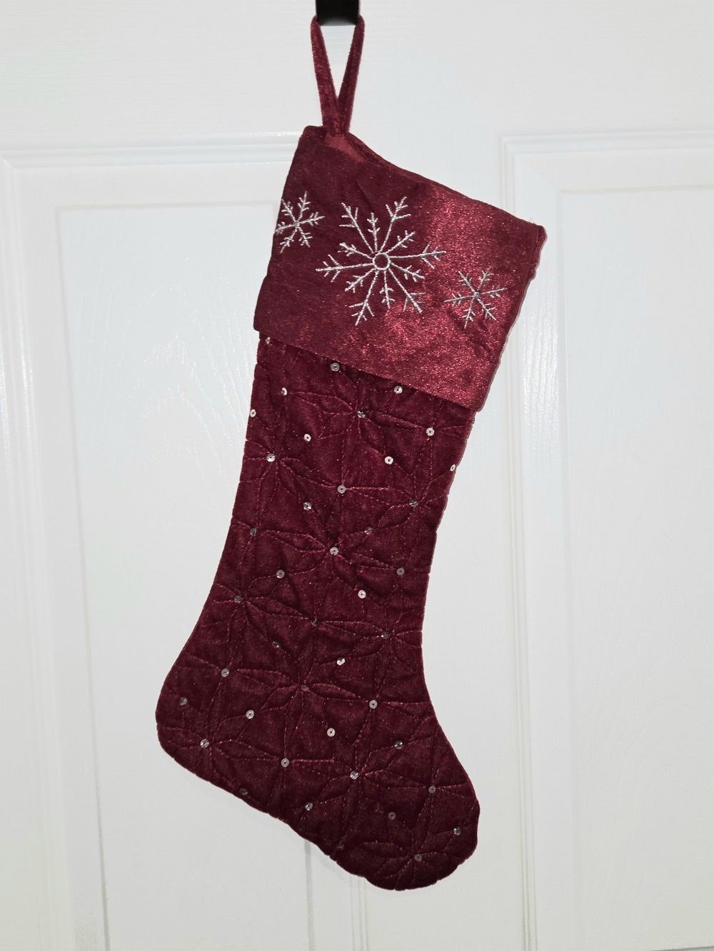 Holiday Time Red Velvet Christmas Stocking w/ Snow Flakes & Sequins 19”